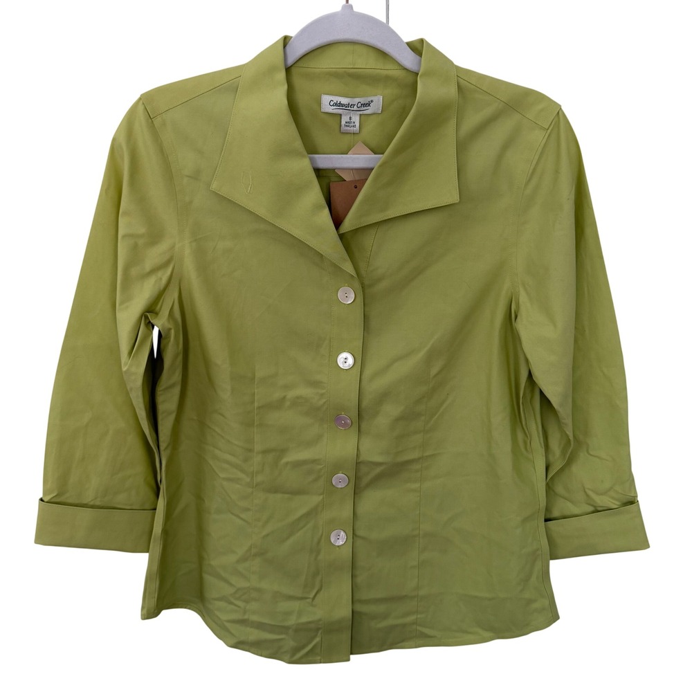 NEW Coldwater Creek Button Down Shirt 100% Cotton Green 3/4 Sleeve Small NWT